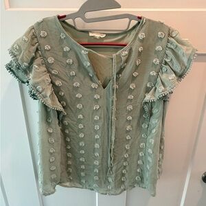 Blu Pepper Sage Swiss Dot Ruffle Sleeve Blouse Medium